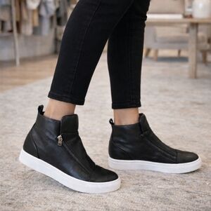 All Black Footwear Modern Minimalist Leather Wedge Comfort Hi Top Sneaker 9M